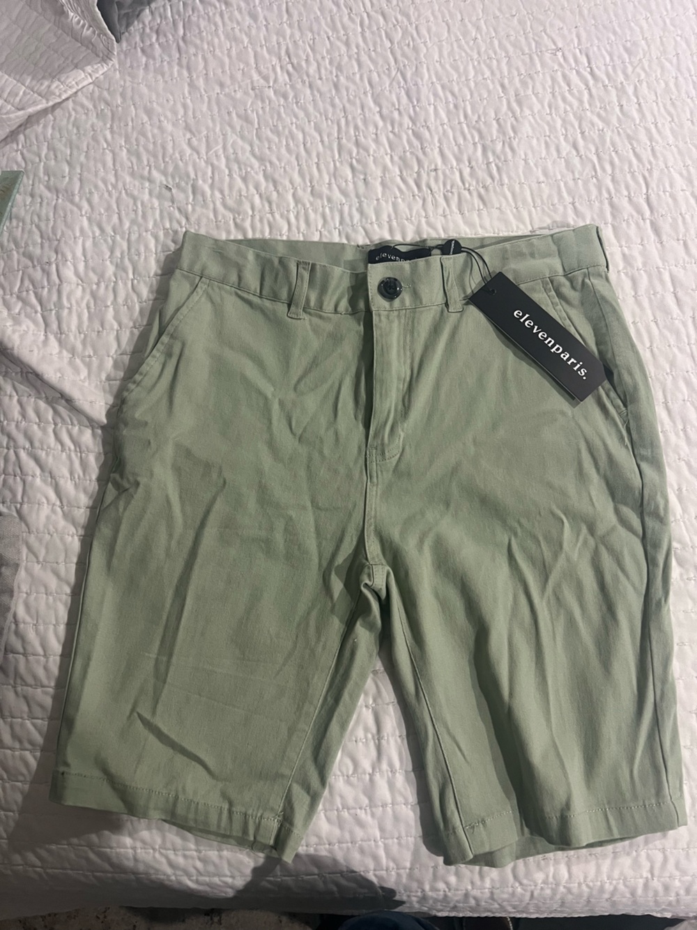 Eleven Paris Men's Light Sage Green Flat Front Shorts